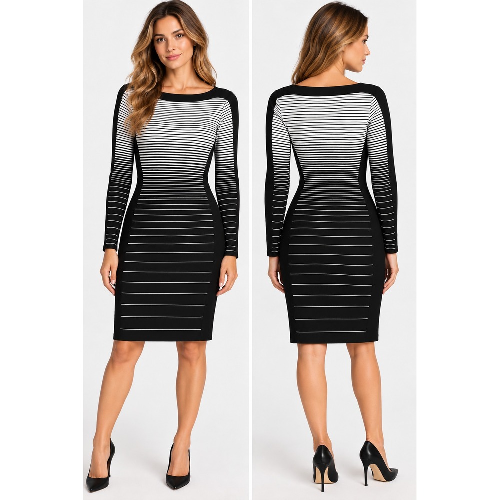 BCBGMAXAZRIA Rigby M Black White Ombre Stripe Bodycon Knit Sweater Dress